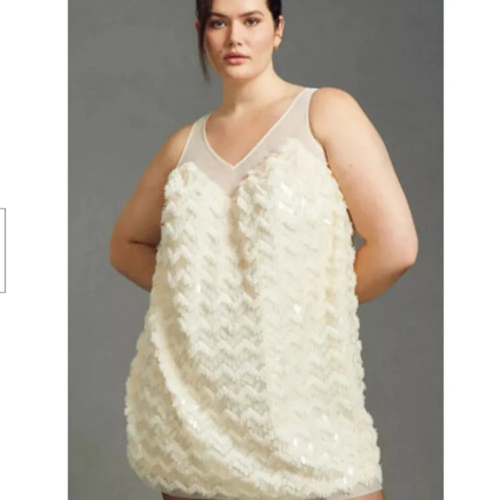 Anthropologie 3X NWT Textured Sequin Mini Dress Paillettes Cream New 230$ - Picture 4 of 9